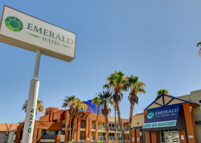 Emerald Suites Valley View | Extended Stay Apartment Rentals in Las Vegas, NV | 1 & 2 Bedroom Furnished Suites | Monument Sign and Office