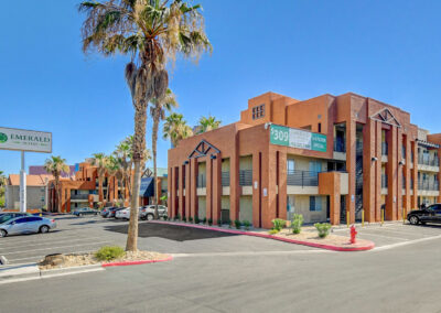 Emerald Suites Valley View | Extended Stay Apartment Rentals in Las Vegas, NV | 1 & 2 Bedroom Furnished Suites | Monument Sign and Office | Ample Free Parking