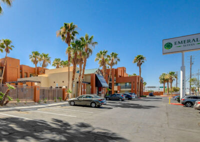 Emerald Suites Valley View | Extended Stay Apartment Rentals in Las Vegas, NV | 1 & 2 Bedroom Furnished Suites | Monument Sign and Office | Ample Free Parking